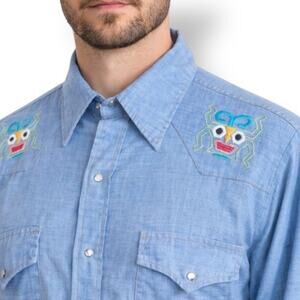 Vintage Sears Western Wear Embroidered Chambray Shirt Medium Unisex Cowboy Ranch